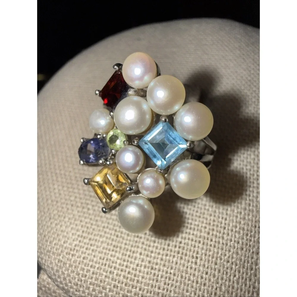 Sterling Silver 925 Ross Simons Cultured Pearl & Multi Gemstone Ring Size 8* VTG